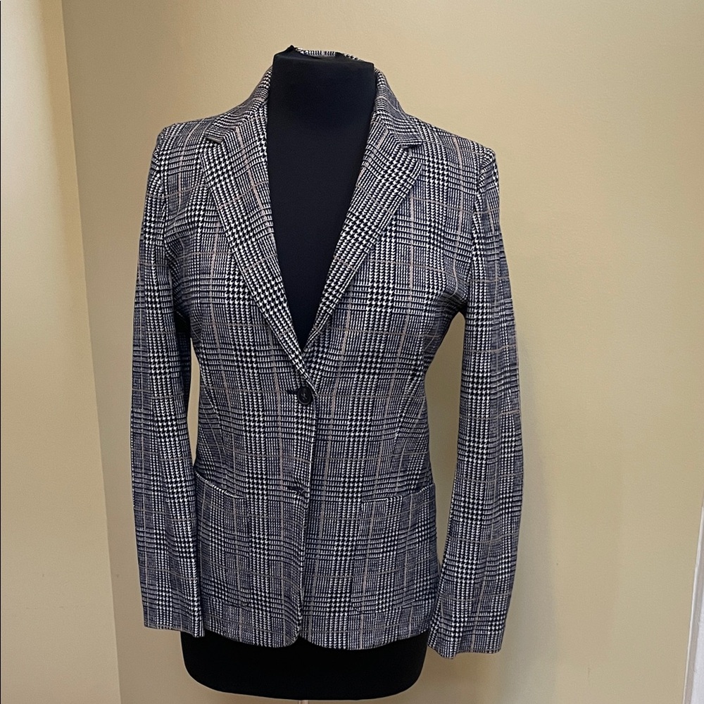 NWT J. McLaughlin Black/Navy/Brown and White Checkered fitted Blazer cotton/wool